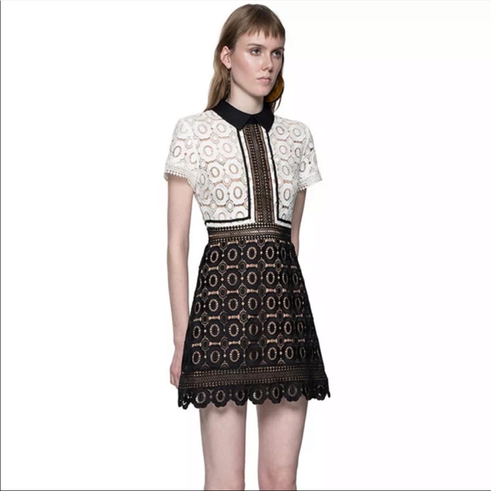 Black white lace Dress Women Short Sleeve Color Black Patchwork Lace Mini Dress